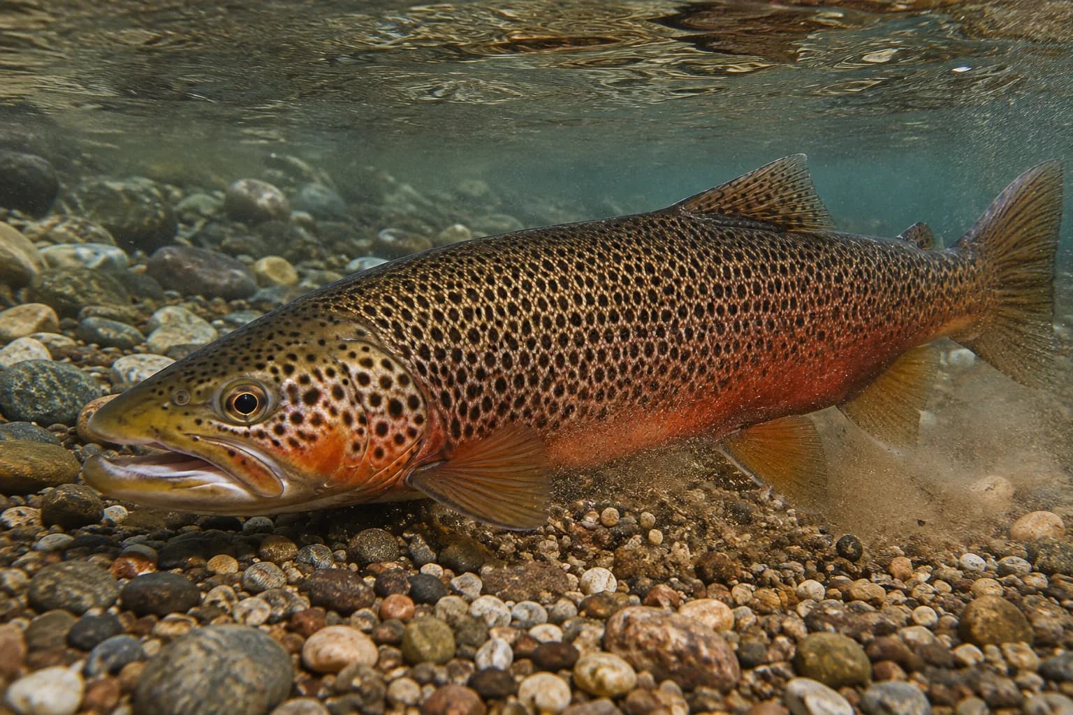 Male brown trout in autumn spawning colors over gravel in a clear Montana river