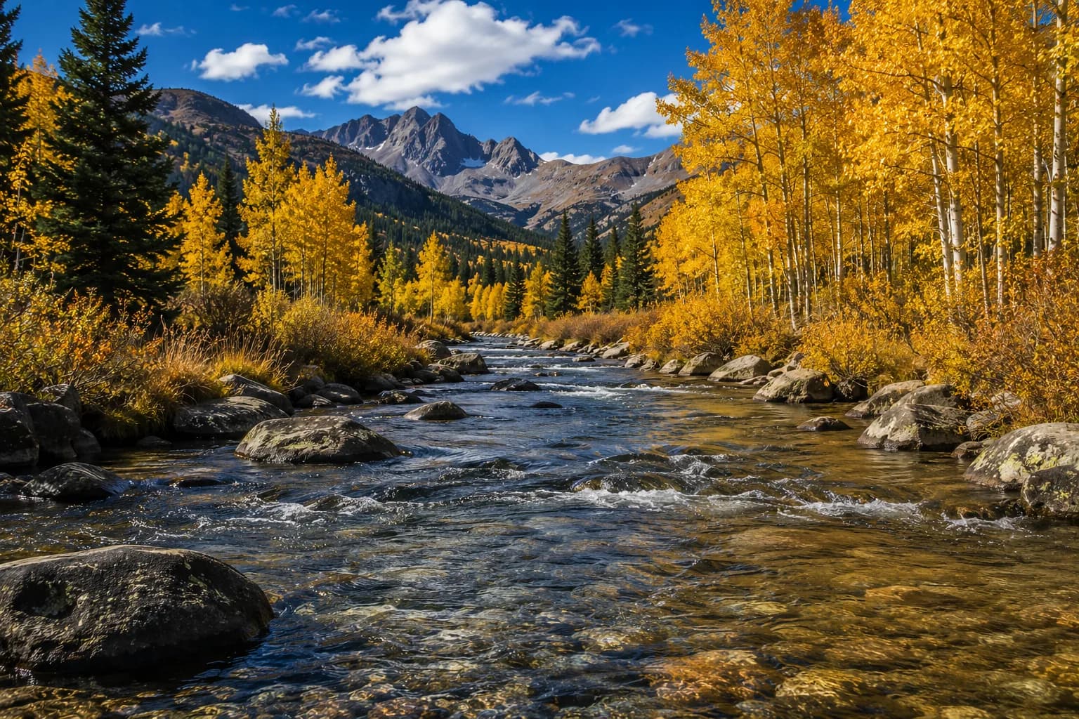 Colorado high-country stream below snow-capped peaks in early October, framed by golden aspens