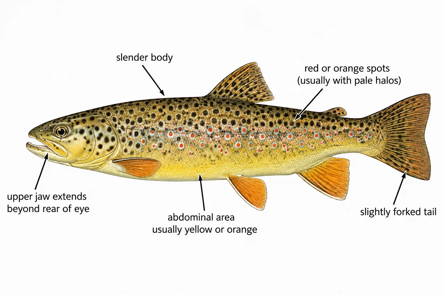 Labelled brown trout identification diagram showing spot pattern, jaw, body shape and tail