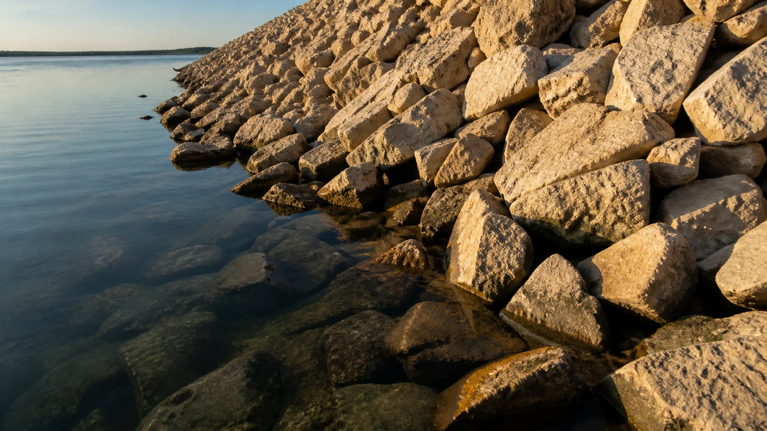 Rock riprap bank on a reservoir — the cavities between blocks are prime channel catfish spawning sites