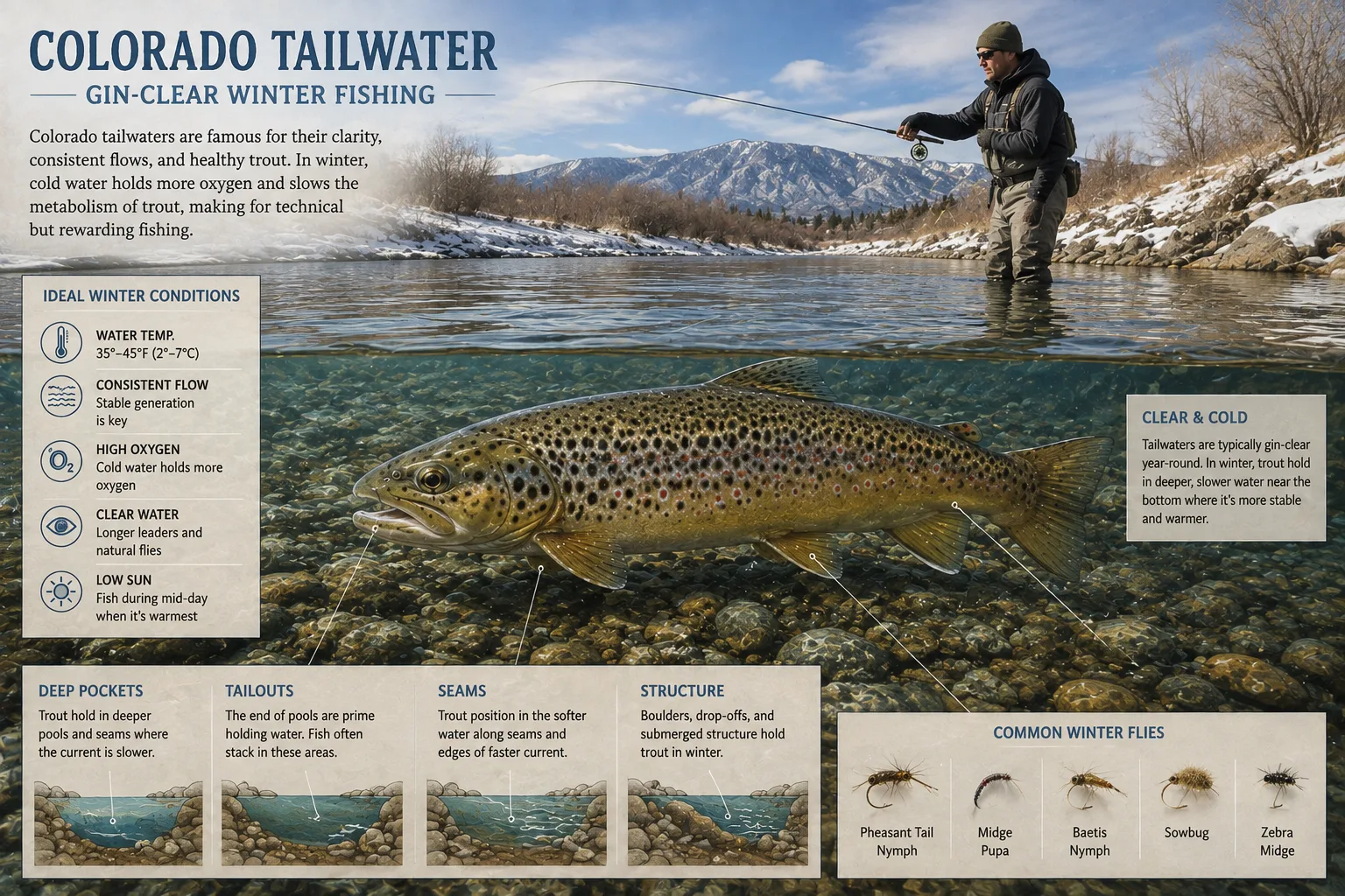 Angler fishing a gin-clear Colorado tailwater in winter, with the trout visible over the streambed