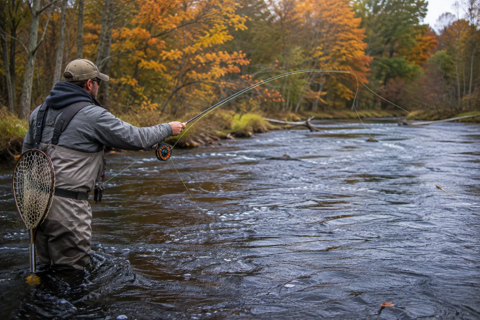 Angler swinging a streamer through a run on a Michigan trout river in autumn