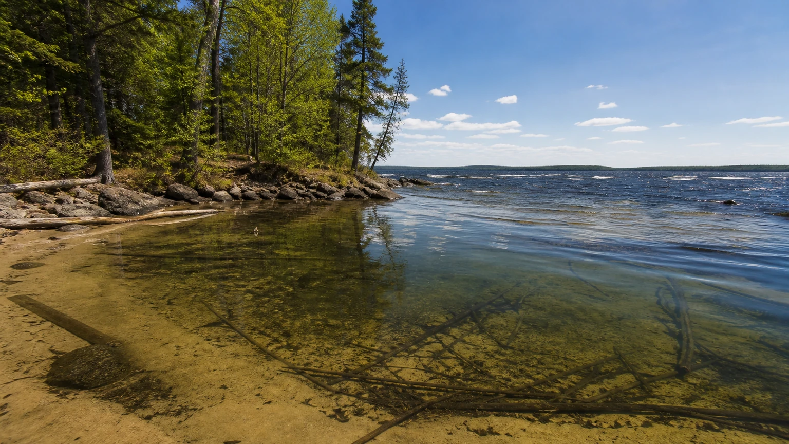 A calm protected cove beside choppy open water — largemouth bass will not nest where there is current or wave action