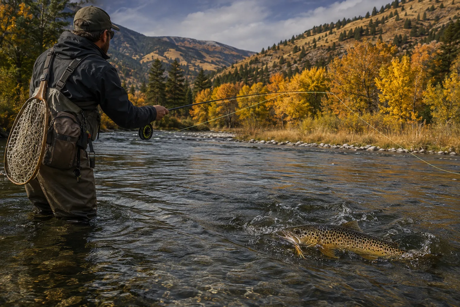 Angler playing a brown trout in a Montana river during the autumn pre-spawn