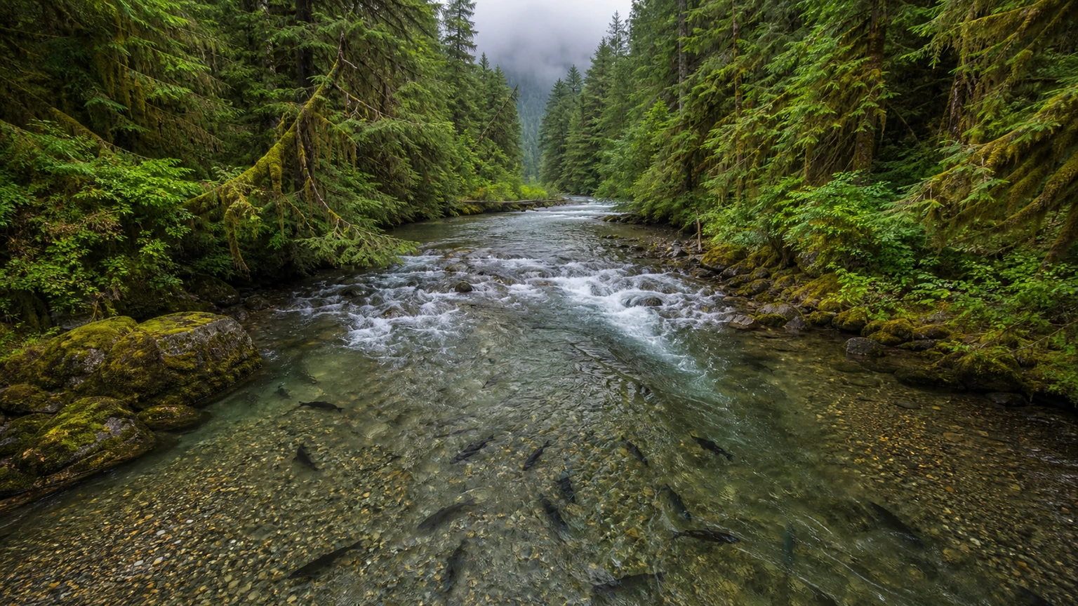 Salmon holding in a clear Southeast Alaska stream running through rainforest