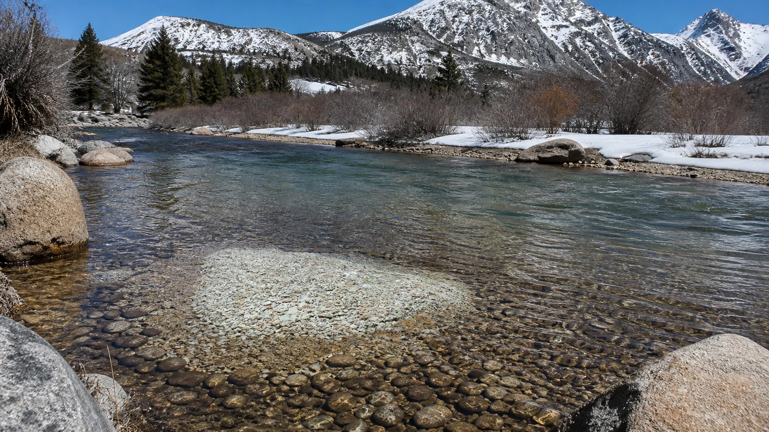 Clean pale gravel of a trout redd in a clear Colorado river in spring, snow still on the banks
